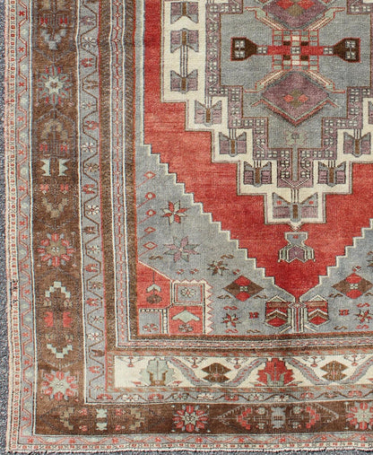 Red, Steel Blue, and Brown Vintage Turkish Oushak Rug with Layered Medallion, rug en - 181, country of origin / type: Turkey / Oushak, circa 1930 This vintage Oushak rug features an intricately beautiful design. The central multi - layred medallion ... - Keivan Woven ArtsEN - 181 - 3449Rug