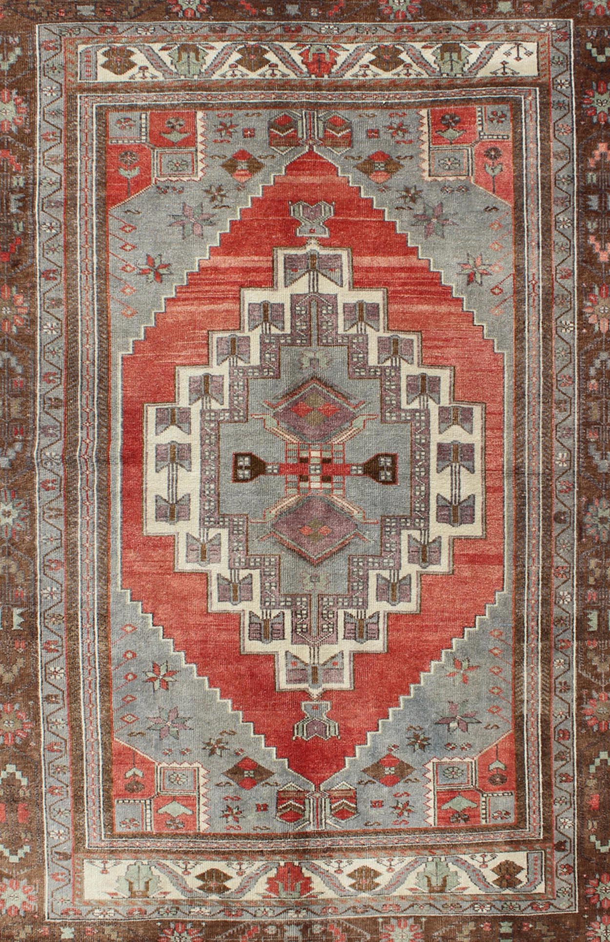 Red, Steel Blue, and Brown Vintage Turkish Oushak Rug with Layered Medallion, rug en - 181, country of origin / type: Turkey / Oushak, circa 1930 This vintage Oushak rug features an intricately beautiful design. The central multi - layred medallion ... - Keivan Woven ArtsEN - 181 - 3449Rug