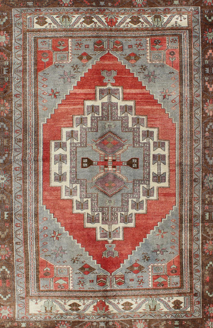 Red, Steel Blue, and Brown Vintage Turkish Oushak Rug with Layered Medallion, rug en - 181, country of origin / type: Turkey / Oushak, circa 1930 This vintage Oushak rug features an intricately beautiful design. The central multi - layred medallion ... - Keivan Woven ArtsEN - 181 - 3449Rug