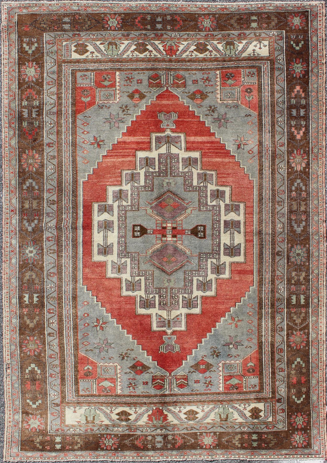 Red, Steel Blue, and Brown Vintage Turkish Oushak Rug with Layered Medallion, rug en - 181, country of origin / type: Turkey / Oushak, circa 1930 This vintage Oushak rug features an intricately beautiful design. The central multi - layred medallion ... - Keivan Woven ArtsEN - 181 - 3449Rug