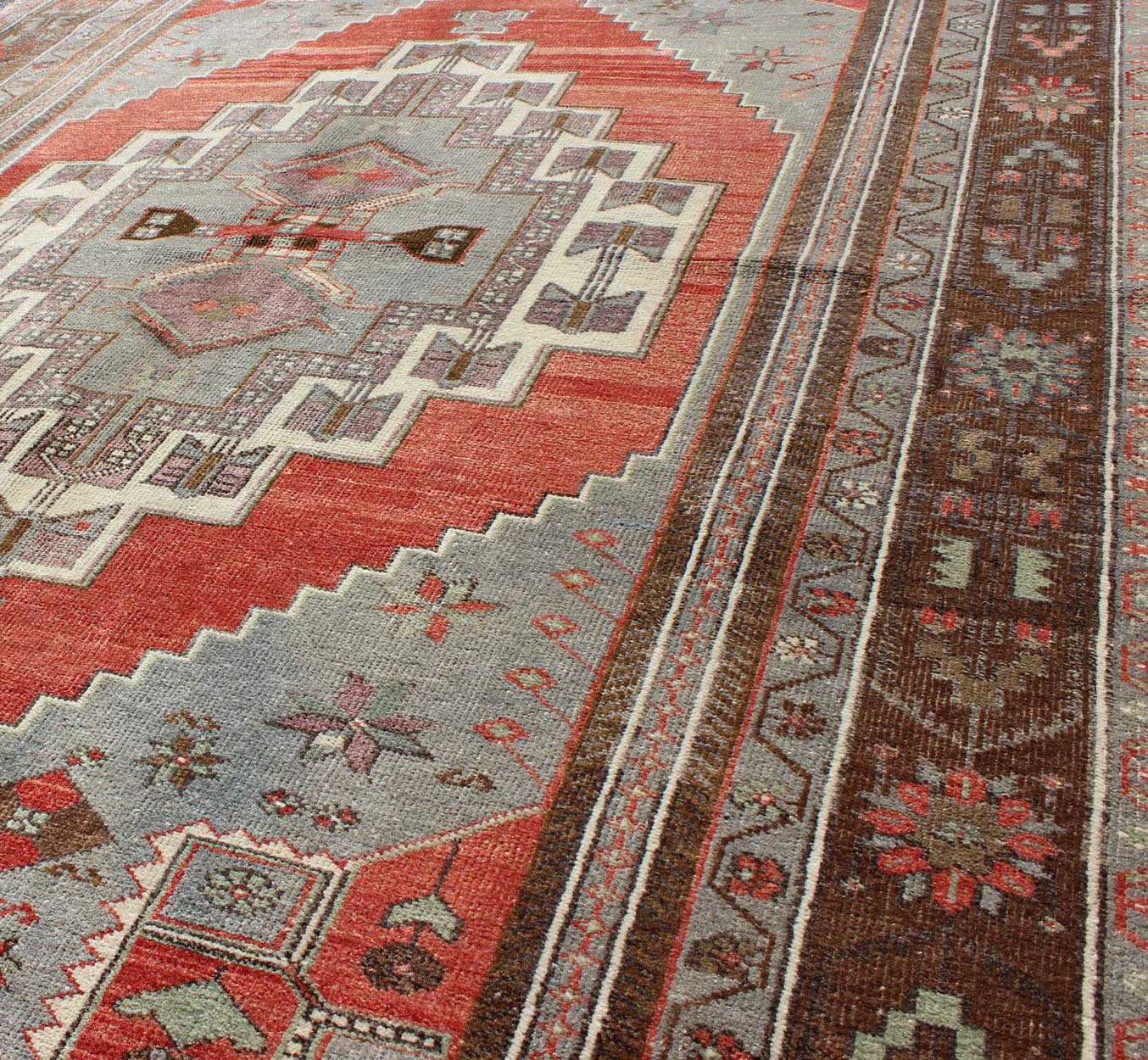 Red, Steel Blue, and Brown Vintage Turkish Oushak Rug with Layered Medallion, rug en - 181, country of origin / type: Turkey / Oushak, circa 1930 This vintage Oushak rug features an intricately beautiful design. The central multi - layred medallion ... - Keivan Woven ArtsEN - 181 - 3449Rug