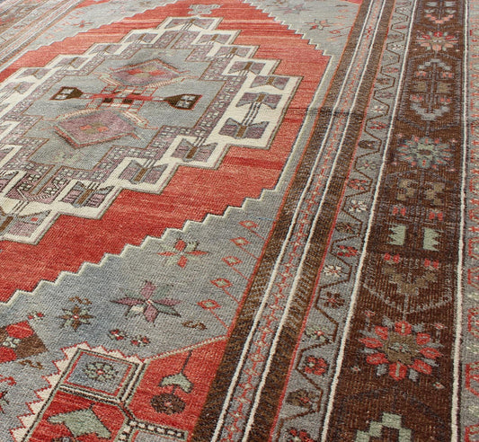 Red, Steel Blue, and Brown Vintage Turkish Oushak Rug with Layered Medallion, rug en - 181, country of origin / type: Turkey / Oushak, circa 1930 This vintage Oushak rug features an intricately beautiful design. The central multi - layred medallion ... - Keivan Woven ArtsEN - 181 - 3449Rug