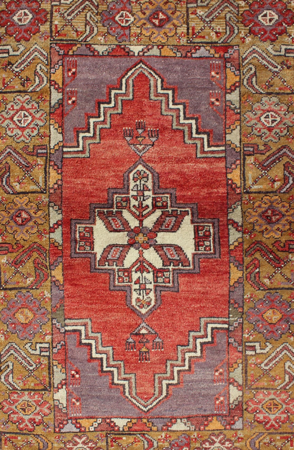 Geometric Vintage Turkish Oushak Carpet in soft Red, Light Purple, & Gold Border Measures: 3'5 x 5 Oushak Vintage Geometric rug Keivan Woven Arts/EN - 1811, origin/Turkey, Hand Knotted rug, Vintage Rug, vintage Oushak, Oushak, Oushak rug, h... - Keivan Woven ArtsEN - 1811 - 4884Rug