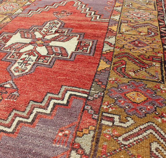 Geometric Vintage Turkish Oushak Carpet in soft Red, Light Purple, & Gold Border Measures: 3'5 x 5 Oushak Vintage Geometric rug Keivan Woven Arts/EN - 1811, origin/Turkey, Hand Knotted rug, Vintage Rug, vintage Oushak, Oushak, Oushak rug, h... - Keivan Woven ArtsEN - 1811 - 4884Rug