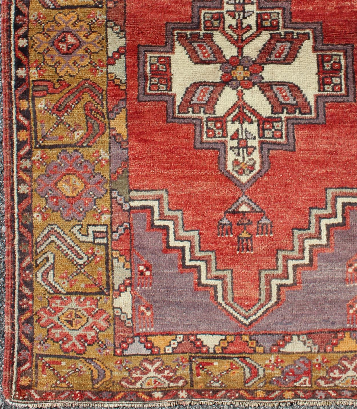 Geometric Vintage Turkish Oushak Carpet in soft Red, Light Purple, & Gold Border Measures: 3'5 x 5 Oushak Vintage Geometric rug Keivan Woven Arts/EN - 1811, origin/Turkey, Hand Knotted rug, Vintage Rug, vintage Oushak, Oushak, Oushak rug, h... - Keivan Woven ArtsEN - 1811 - 4884Rug
