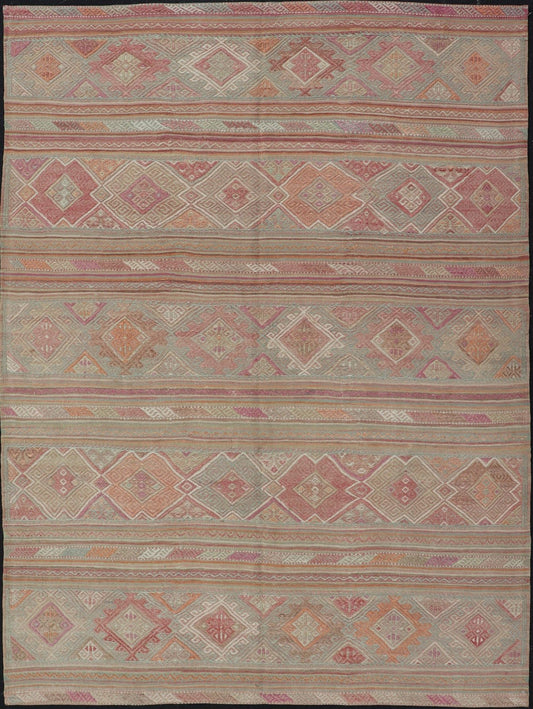 Colorful Vintage Embroidered Kilim with Stripes and Alternating Geometric Motifs. Keivan Woven Arts / rug EN - 2016, country of origin / type: Turkey / Kilim, circa 1950 Measures: 6'9 x 9'3 This vintage Kilim displays an array of designs, includin... - Keivan Woven ArtsEN - 2016 - 15314