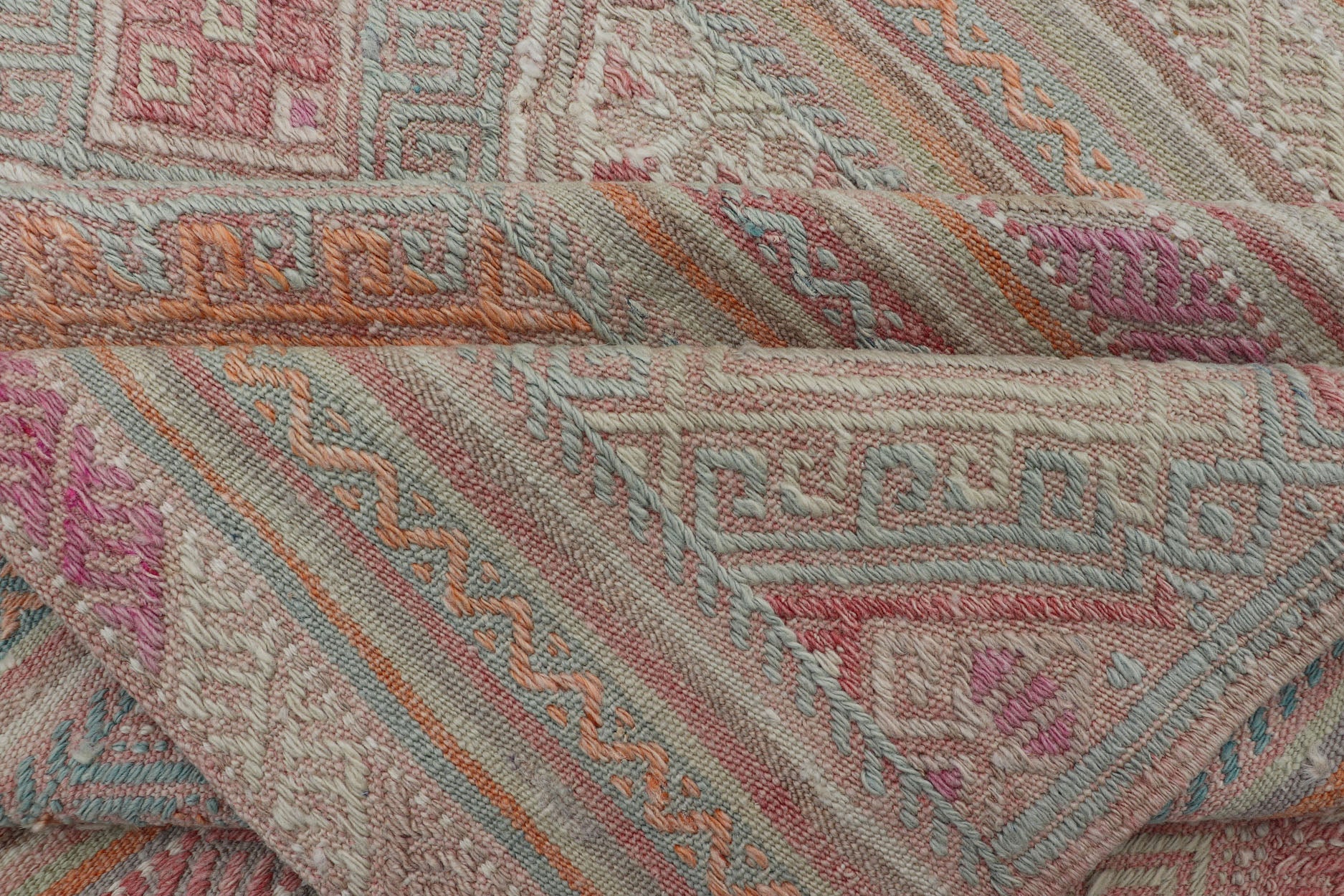Colorful Vintage Embroidered Kilim with Stripes and Alternating Geometric Motifs. Keivan Woven Arts / rug EN - 2016, country of origin / type: Turkey / Kilim, circa 1950 Measures: 6'9 x 9'3 This vintage Kilim displays an array of designs, includin... - Keivan Woven ArtsEN - 2016 - 15314Rug