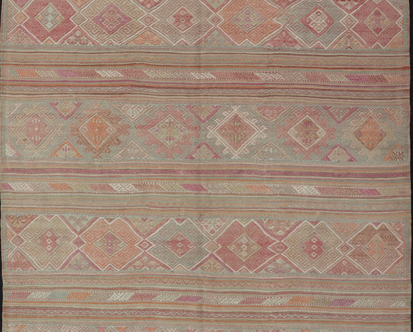 Colorful Vintage Embroidered Kilim with Stripes and Alternating Geometric Motifs. Keivan Woven Arts / rug EN - 2016, country of origin / type: Turkey / Kilim, circa 1950 Measures: 6'9 x 9'3 This vintage Kilim displays an array of designs, includin... - Keivan Woven ArtsEN - 2016 - 15314Rug