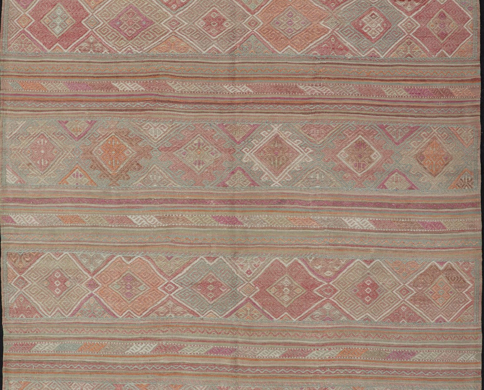 Colorful Vintage Embroidered Kilim with Stripes and Alternating Geometric Motifs. Keivan Woven Arts / rug EN - 2016, country of origin / type: Turkey / Kilim, circa 1950 Measures: 6'9 x 9'3 This vintage Kilim displays an array of designs, includin... - Keivan Woven ArtsEN - 2016 - 15314Rug