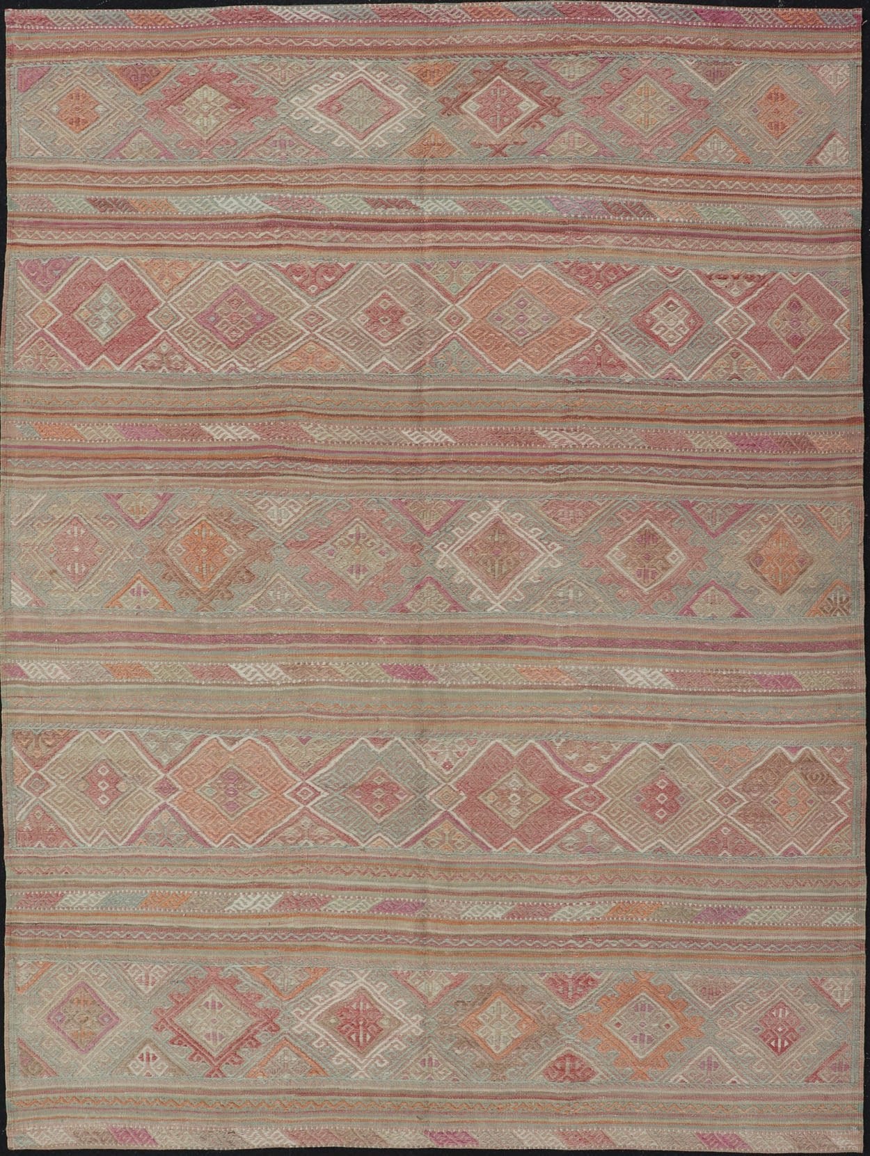 Colorful Vintage Embroidered Kilim with Stripes and Alternating Geometric Motifs. Keivan Woven Arts / rug EN - 2016, country of origin / type: Turkey / Kilim, circa 1950 Measures: 6'9 x 9'3 This vintage Kilim displays an array of designs, includin... - Keivan Woven ArtsEN - 2016 - 15314Rug