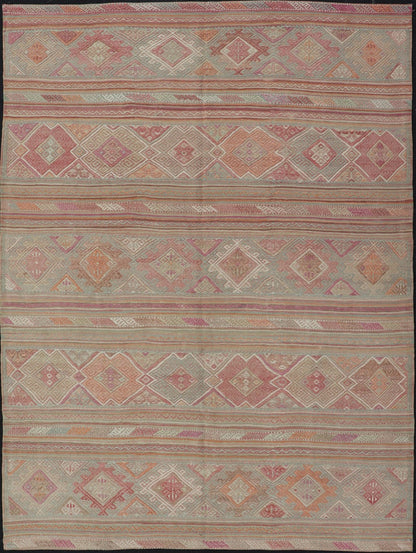 Colorful Vintage Embroidered Kilim with Stripes and Alternating Geometric Motifs. Keivan Woven Arts / rug EN - 2016, country of origin / type: Turkey / Kilim, circa 1950 Measures: 6'9 x 9'3 This vintage Kilim displays an array of designs, includin... - Keivan Woven ArtsEN - 2016 - 15314Rug