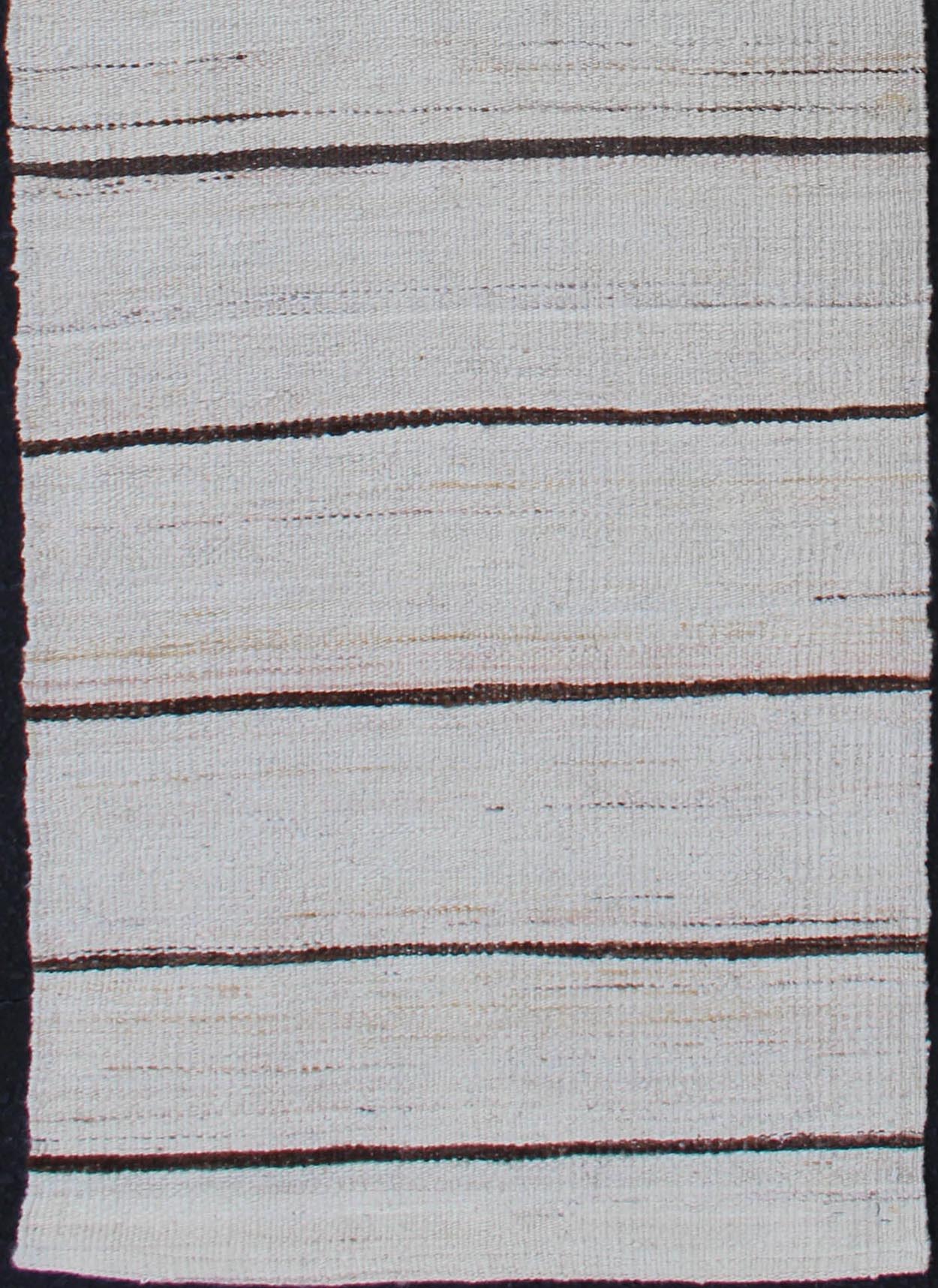 Minimalist Design Vintage Turkish Kilim Runner in Off White & Brown Lines . Keivan Woven Arts / rug EN - 2171, country of origin / type: Turkey / Kilim, circa 1950 Measures: 2'2 x 7'10 This vintage flat - woven kilim runner features a minima... - Keivan Woven ArtsEN - 2171 - 12525Rug