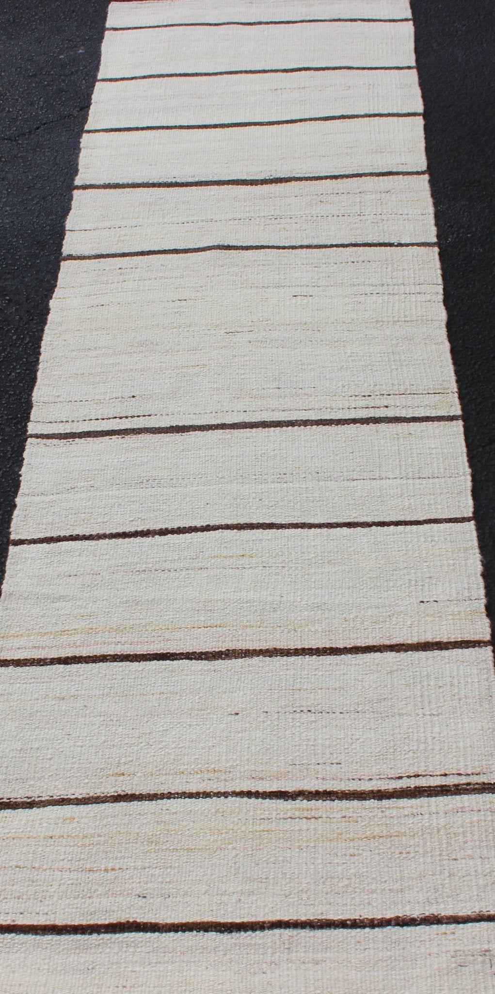 Minimalist Design Vintage Turkish Kilim Runner in Off White & Brown Lines . Keivan Woven Arts / rug EN - 2171, country of origin / type: Turkey / Kilim, circa 1950 Measures: 2'2 x 7'10 This vintage flat - woven kilim runner features a minima... - Keivan Woven ArtsEN - 2171 - 12525Rug