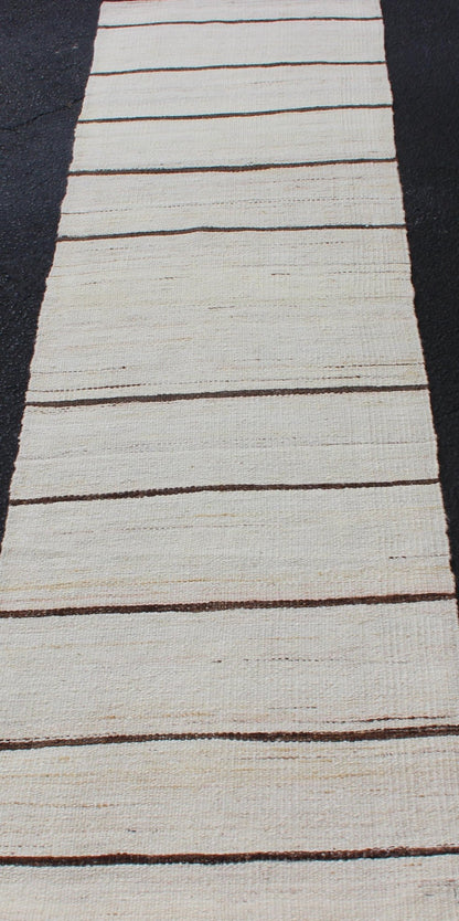 Minimalist Design Vintage Turkish Kilim Runner in Off White & Brown Lines . Keivan Woven Arts / rug EN - 2171, country of origin / type: Turkey / Kilim, circa 1950 Measures: 2'2 x 7'10 This vintage flat - woven kilim runner features a minima... - Keivan Woven ArtsEN - 2171 - 12525Rug