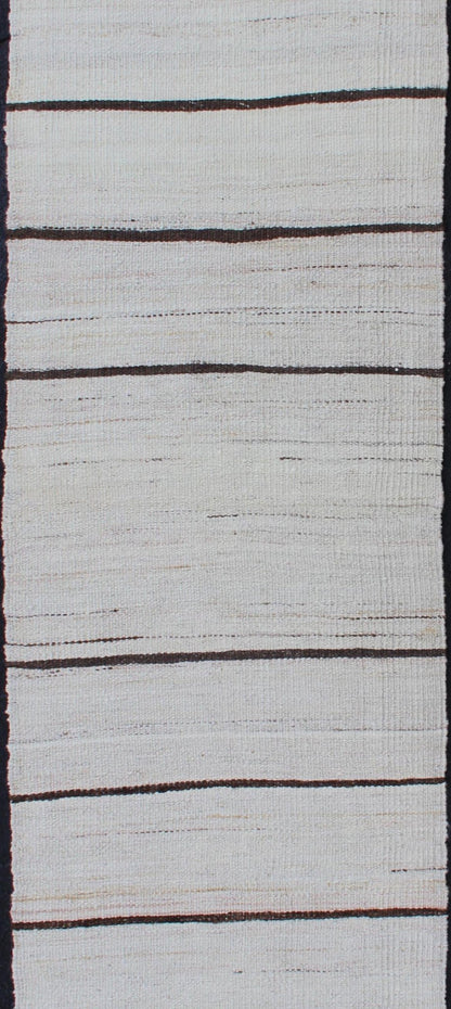 Minimalist Design Vintage Turkish Kilim Runner in Off White & Brown Lines . Keivan Woven Arts / rug EN - 2171, country of origin / type: Turkey / Kilim, circa 1950 Measures: 2'2 x 7'10 This vintage flat - woven kilim runner features a minima... - Keivan Woven ArtsEN - 2171 - 12525Rug