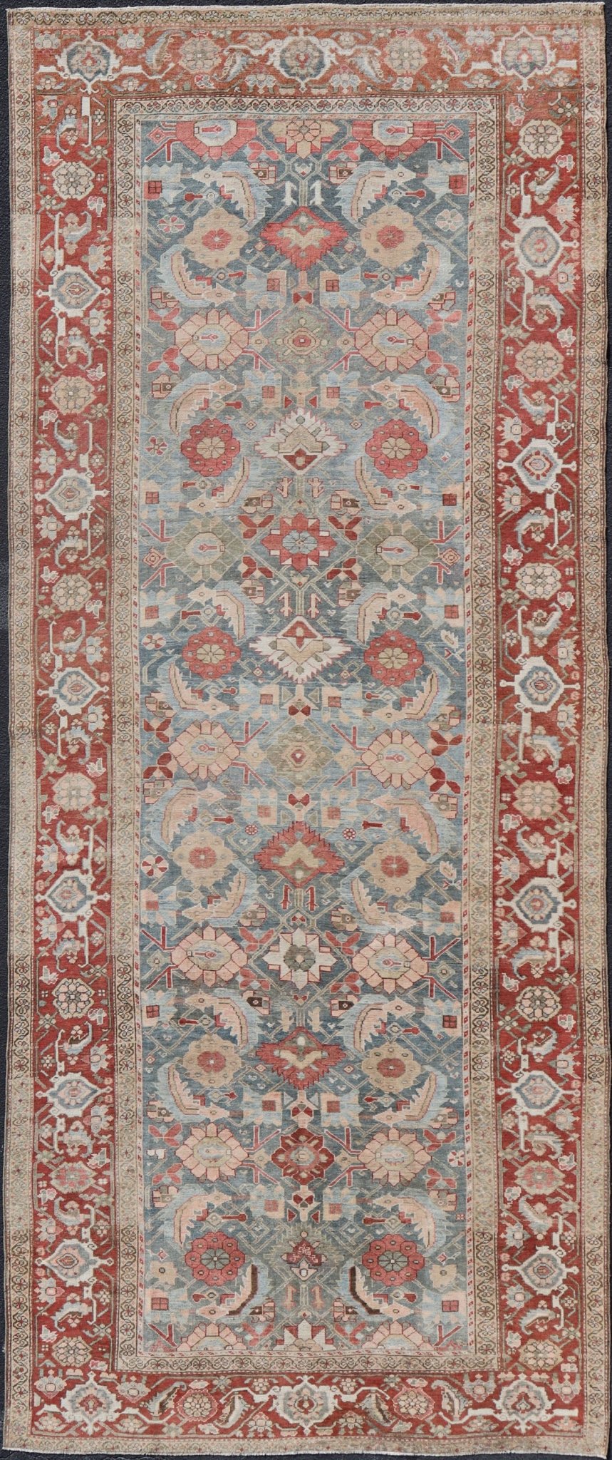 Fabulous Antique Persian Sultanabad large Gallery Runner in Blue Background. Amazingly beautiful Persian Sultanabad antique gallery rug with all over Herati design in light blue background, red border, with numerous delicate colors such as light gr... - Keivan Woven ArtsEN - 2326 - 104 - 14214Rug