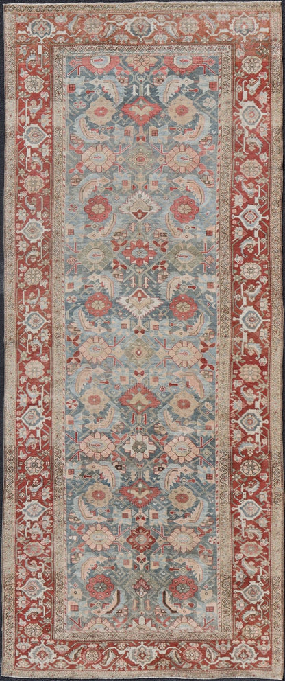 Fabulous Antique Persian Sultanabad large Gallery Runner in Blue Background. Amazingly beautiful Persian Sultanabad antique gallery rug with all over Herati design in light blue background, red border, with numerous delicate colors such as light gr... - Keivan Woven ArtsEN - 2326 - 104 - 14214Rug