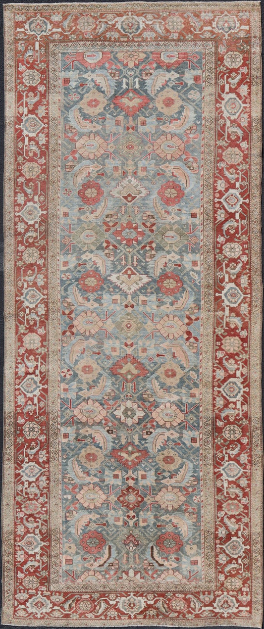 Fabulous Antique Persian Sultanabad large Gallery Runner in Blue Background. Amazingly beautiful Persian Sultanabad antique gallery rug with all over Herati design in light blue background, red border, with numerous delicate colors such as light gr... - Keivan Woven ArtsEN - 2326 - 104 - 14214Rug