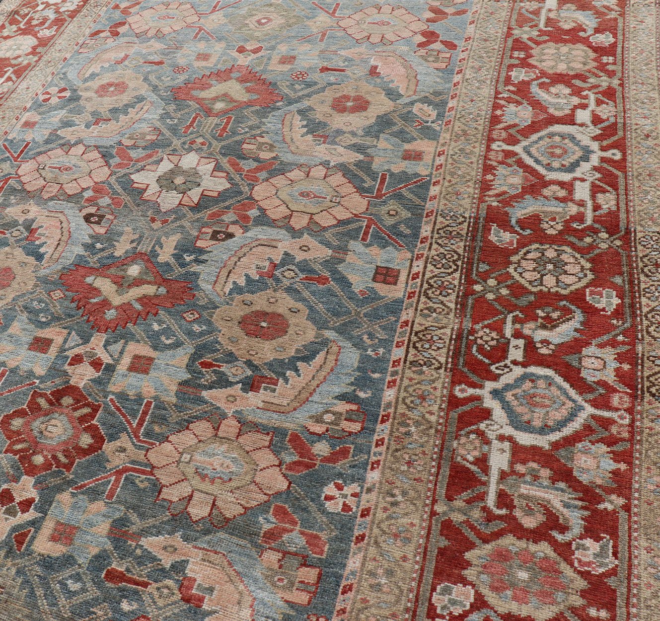 Fabulous Antique Persian Sultanabad large Gallery Runner in Blue Background. Amazingly beautiful Persian Sultanabad antique gallery rug with all over Herati design in light blue background, red border, with numerous delicate colors such as light gr... - Keivan Woven ArtsEN - 2326 - 104 - 14214Rug