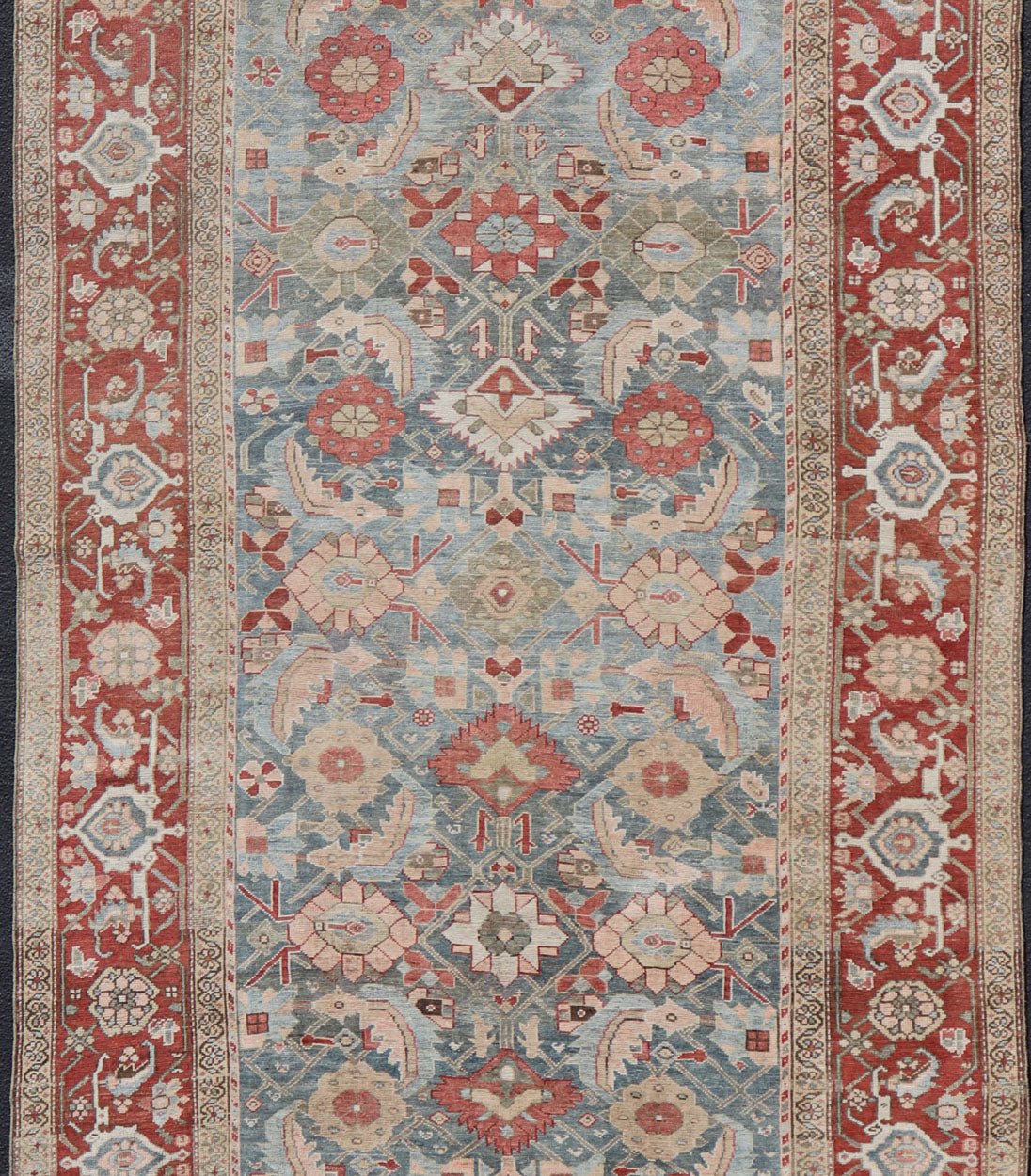 Fabulous Antique Persian Sultanabad large Gallery Runner in Blue Background. Amazingly beautiful Persian Sultanabad antique gallery rug with all over Herati design in light blue background, red border, with numerous delicate colors such as light gr... - Keivan Woven ArtsEN - 2326 - 104 - 14214Rug