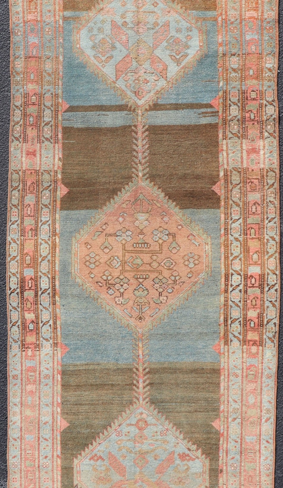 Antique Malayer Runner with Geometric Designs in Gray, Blue, Charcoal & Orange. Geometric medallion design Persian Malayer runner with charcoal, gray, blue, red and orange colors, rug EN - 2344, country of origin / type: Iran / Malayer, circa 1910... - Keivan Woven ArtsEN - 2344 - 14218Rug