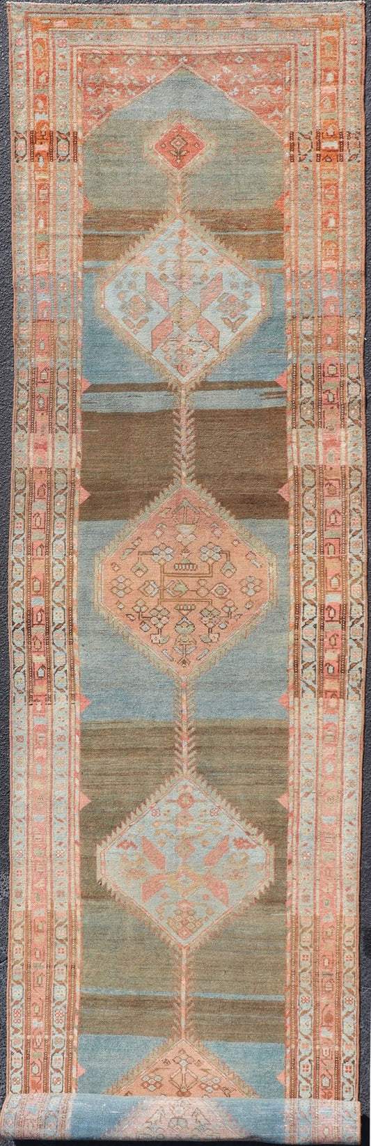 Antique Malayer Runner with Geometric Designs in Gray, Blue, Charcoal & Orange. Geometric medallion design Persian Malayer runner with charcoal, gray, blue, red and orange colors, rug EN - 2344, country of origin / type: Iran / Malayer, circa 1910... - Keivan Woven ArtsEN - 2344 - 14218Rug
