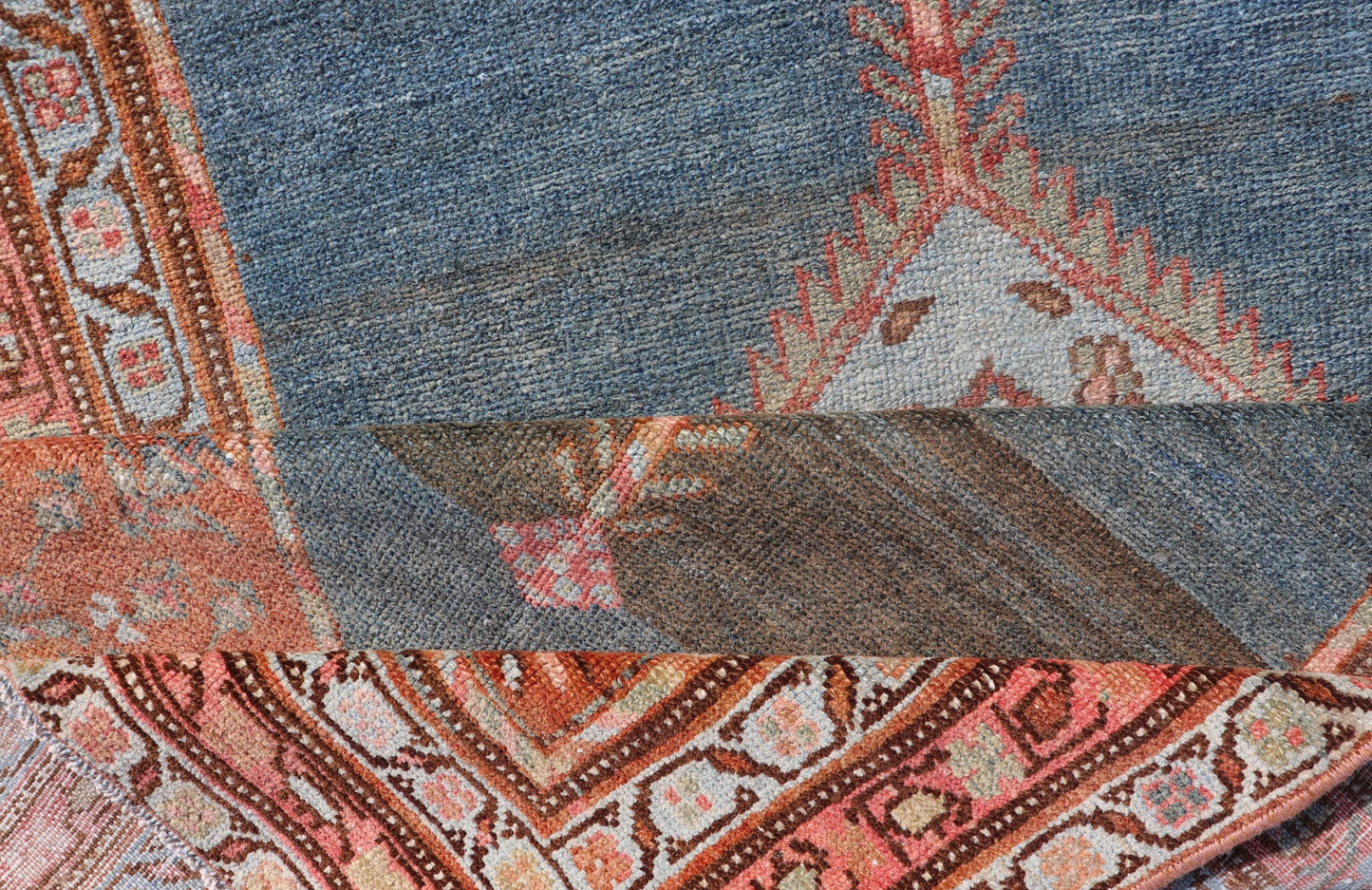 Antique Malayer Runner with Geometric Designs in Gray, Blue, Charcoal & Orange. Geometric medallion design Persian Malayer runner with charcoal, gray, blue, red and orange colors, rug EN - 2344, country of origin / type: Iran / Malayer, circa 1910... - Keivan Woven ArtsEN - 2344 - 14218Rug