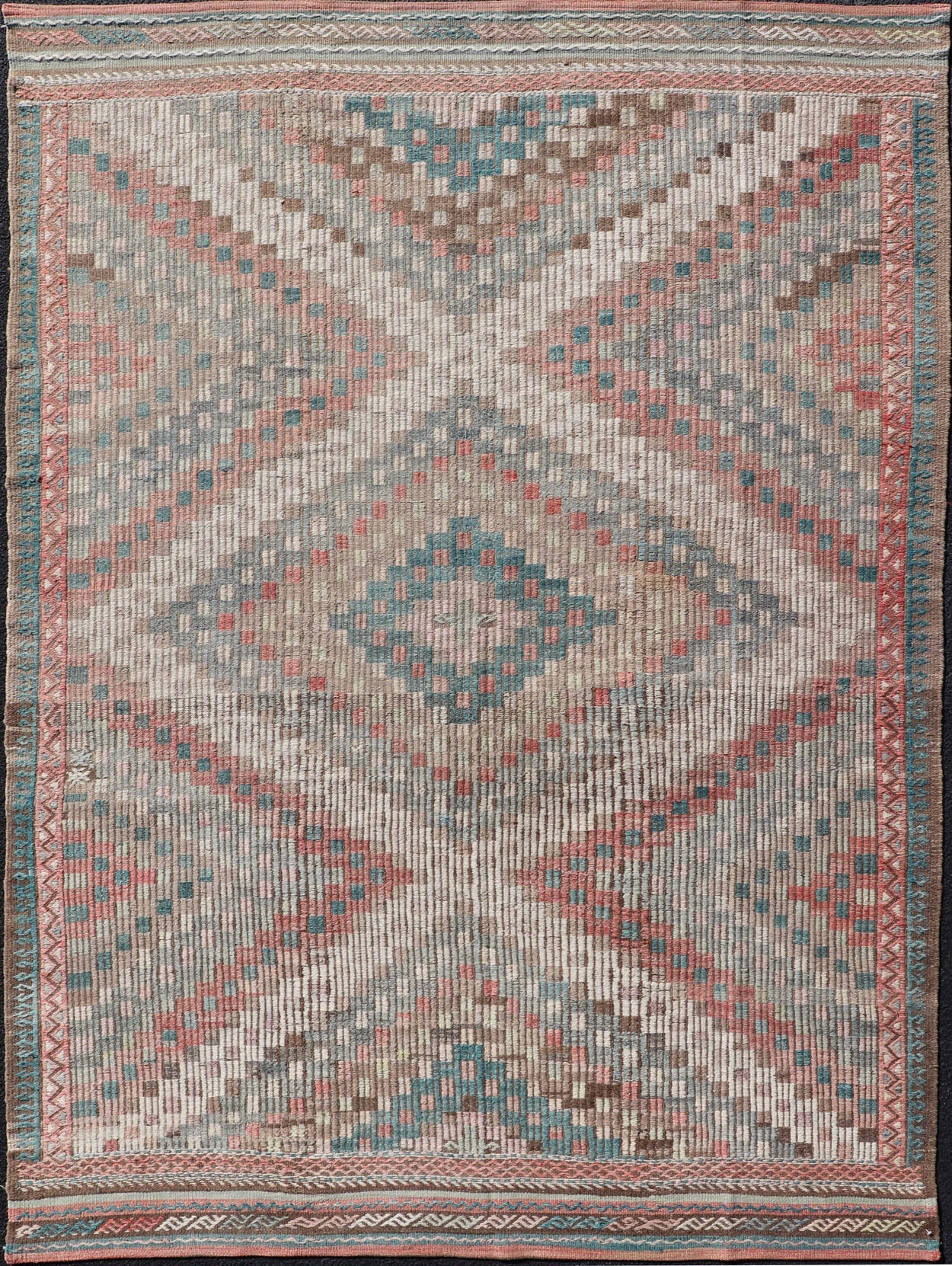 Vintage Embroidered Turkish Flat - Weave with Layered Diamond Design. Teal blue, brick red, pink, salmon, teal green, cream, soft buttery yellow and light green populates throughout this beautiful vintage embroidered Kilim rug from Turkey, rug EN... - Keivan Woven ArtsEN - 2395 - 14222Rug