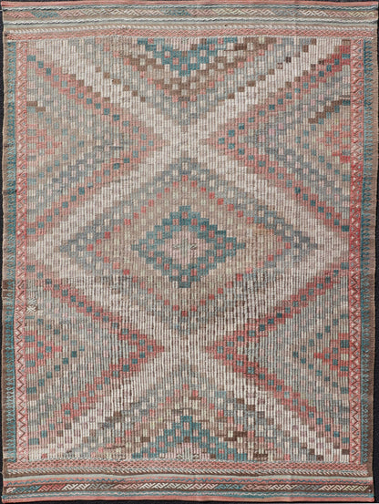 Vintage Embroidered Turkish Flat - Weave with Layered Diamond Design. Teal blue, brick red, pink, salmon, teal green, cream, soft buttery yellow and light green populates throughout this beautiful vintage embroidered Kilim rug from Turkey, rug EN... - Keivan Woven ArtsEN - 2395 - 14222Rug