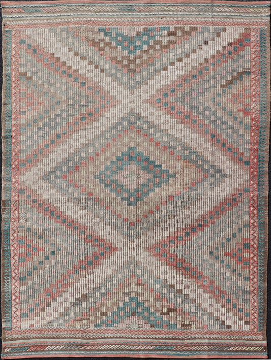 Vintage Embroidered Turkish Flat - Weave with Layered Diamond Design. Teal blue, brick red, pink, salmon, teal green, cream, soft buttery yellow and light green populates throughout this beautiful vintage embroidered Kilim rug from Turkey, rug EN... - Keivan Woven ArtsEN - 2395 - 14222Rug