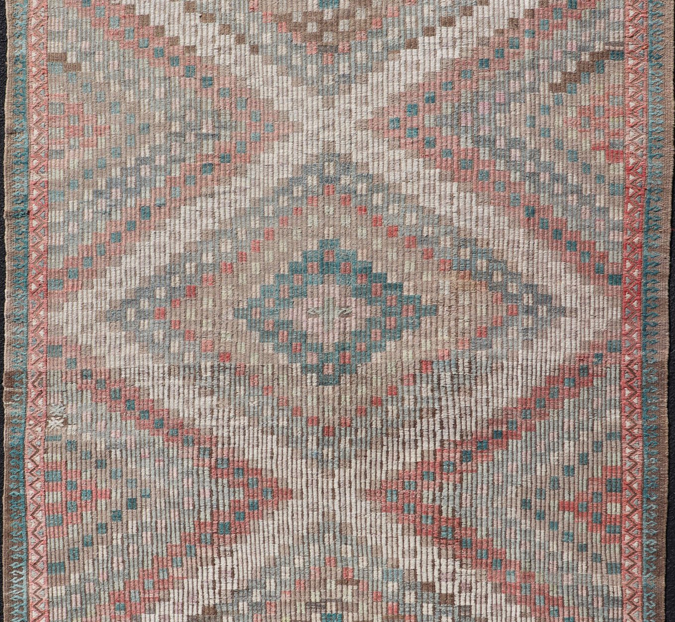 Vintage Embroidered Turkish Flat - Weave with Layered Diamond Design. Teal blue, brick red, pink, salmon, teal green, cream, soft buttery yellow and light green populates throughout this beautiful vintage embroidered Kilim rug from Turkey, rug EN... - Keivan Woven ArtsEN - 2395 - 14222Rug