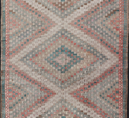 Vintage Embroidered Turkish Flat - Weave with Layered Diamond Design. Teal blue, brick red, pink, salmon, teal green, cream, soft buttery yellow and light green populates throughout this beautiful vintage embroidered Kilim rug from Turkey, rug EN... - Keivan Woven ArtsEN - 2395 - 14222Rug