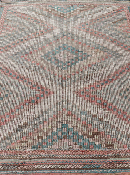 Vintage Embroidered Turkish Flat - Weave with Layered Diamond Design. Teal blue, brick red, pink, salmon, teal green, cream, soft buttery yellow and light green populates throughout this beautiful vintage embroidered Kilim rug from Turkey, rug EN... - Keivan Woven ArtsEN - 2395 - 14222Rug