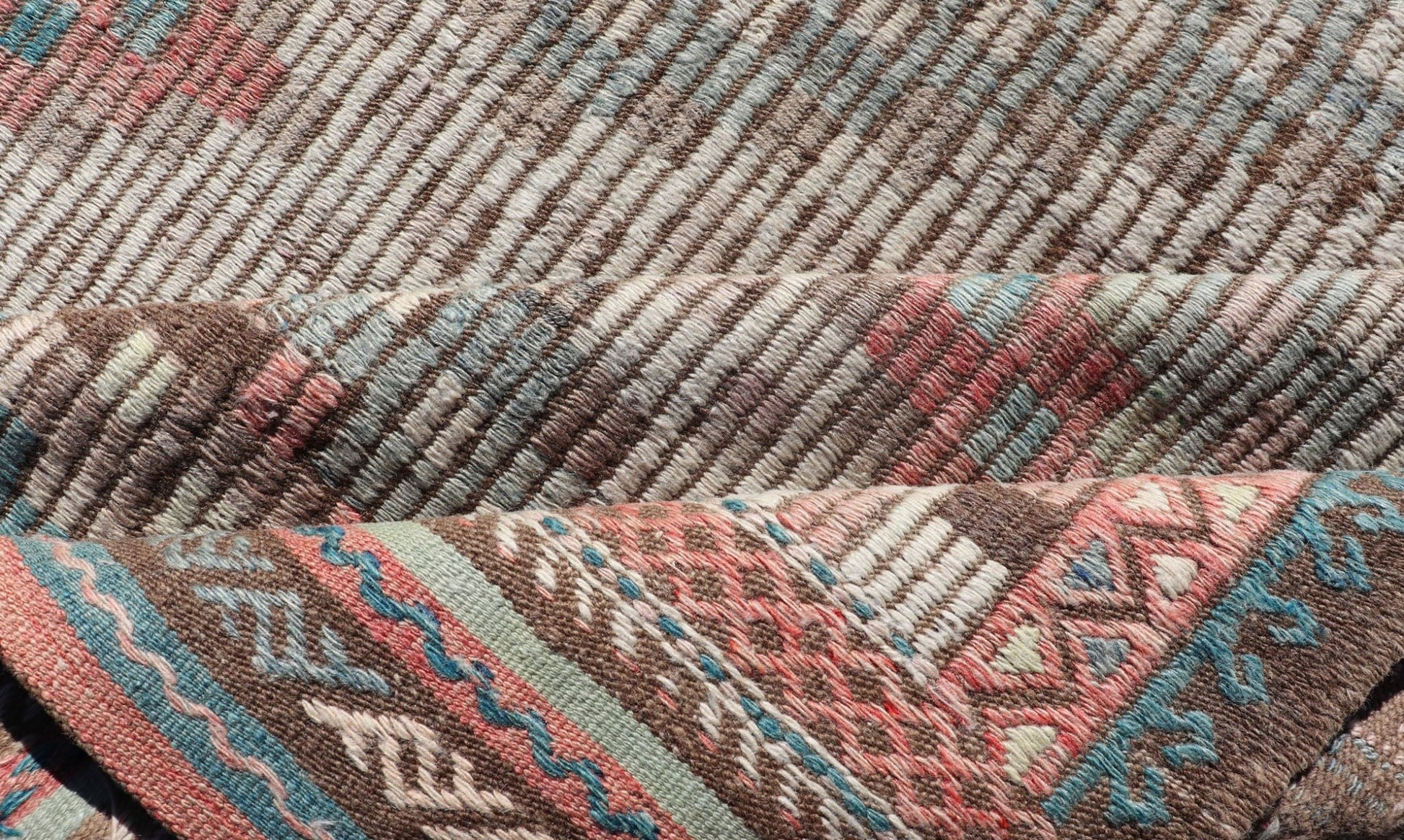 Vintage Embroidered Turkish Flat - Weave with Layered Diamond Design. Teal blue, brick red, pink, salmon, teal green, cream, soft buttery yellow and light green populates throughout this beautiful vintage embroidered Kilim rug from Turkey, rug EN... - Keivan Woven ArtsEN - 2395 - 14222Rug