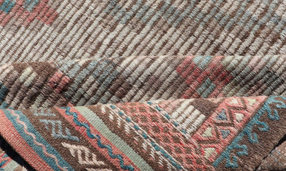 Vintage Embroidered Turkish Flat - Weave with Layered Diamond Design. Teal blue, brick red, pink, salmon, teal green, cream, soft buttery yellow and light green populates throughout this beautiful vintage embroidered Kilim rug from Turkey, rug EN... - Keivan Woven ArtsEN - 2395 - 14222Rug