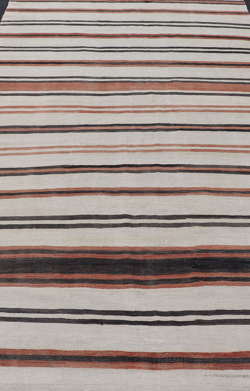 Vintage Turkish Kilim Gallery with Stripes in Cream, Brown & Soft Coral Color. Keivan Woven Arts / rug EN - 2425, country of origin / type: Turkey / Kilim, circa Mid - 20th Century. Measures: 5'10 x 10'11 This vintage flat - woven kilim gallery featur... - Keivan Woven ArtsEN - 2425 - 15324Rug