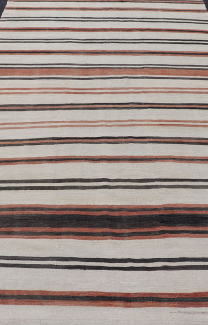Vintage Turkish Kilim Gallery with Stripes in Cream, Brown & Soft Coral Color. Keivan Woven Arts / rug EN - 2425, country of origin / type: Turkey / Kilim, circa Mid - 20th Century. Measures: 5'10 x 10'11 This vintage flat - woven kilim gallery featur... - Keivan Woven ArtsEN - 2425 - 15324Rug