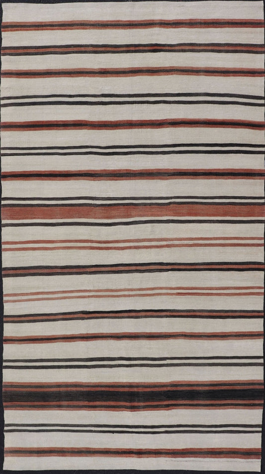 Vintage Turkish Kilim Gallery with Stripes in Cream, Brown & Soft Coral Color. Keivan Woven Arts / rug EN - 2425, country of origin / type: Turkey / Kilim, circa Mid - 20th Century. Measures: 5'10 x 10'11 This vintage flat - woven kilim gallery featur... - Keivan Woven ArtsEN - 2425 - 15324