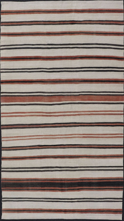 Vintage Turkish Kilim Gallery with Stripes in Cream, Brown & Soft Coral Color. Keivan Woven Arts / rug EN - 2425, country of origin / type: Turkey / Kilim, circa Mid - 20th Century. Measures: 5'10 x 10'11 This vintage flat - woven kilim gallery featur... - Keivan Woven ArtsEN - 2425 - 15324Rug