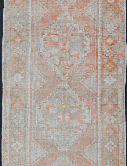 Antique Turkish Oushak Runner with Diamond Medallions and Floral Motifs Antique Turkish Oushak runner with floral medallions, Keivan Woven Arts rug/EN - 2499, country of origin / type: Turkey / Oushak, circa 1930. This antique Oushak runne... - Keivan Woven ArtsEN - 2499 - 14406Rug