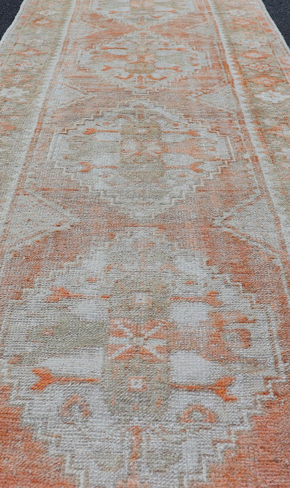 Antique Turkish Oushak Runner with Diamond Medallions and Floral Motifs Antique Turkish Oushak runner with floral medallions, Keivan Woven Arts rug/EN - 2499, country of origin / type: Turkey / Oushak, circa 1930. This antique Oushak runne... - Keivan Woven ArtsEN - 2499 - 14406Rug