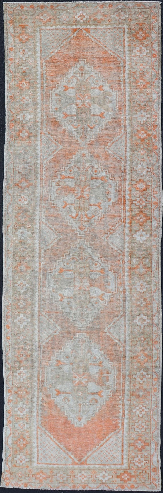 Antique Turkish Oushak Runner with Diamond Medallions and Floral Motifs Antique Turkish Oushak runner with floral medallions, Keivan Woven Arts rug/EN - 2499, country of origin / type: Turkey / Oushak, circa 1930. This antique Oushak runne... - Keivan Woven ArtsEN - 2499 - 14406Rug