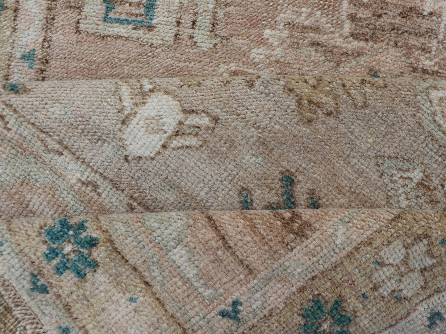 Turkish Oushak Vintage in variation of Muted Colors, tan, pink, teal & Lt. Brown vintage Turkish Oushak rug in taupe, tan, blush, light pink, teal, light brown and soft yellow. Keivan Woven Arts/rug EN - 2541, country of origin / type: Turkey / ... - Keivan Woven ArtsEN - 2541 - 14226Rug