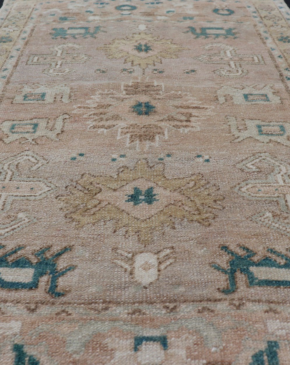 Turkish Oushak Vintage in variation of Muted Colors, tan, pink, teal & Lt. Brown vintage Turkish Oushak rug in taupe, tan, blush, light pink, teal, light brown and soft yellow. Keivan Woven Arts/rug EN - 2541, country of origin / type: Turkey / ... - Keivan Woven ArtsEN - 2541 - 14226Rug