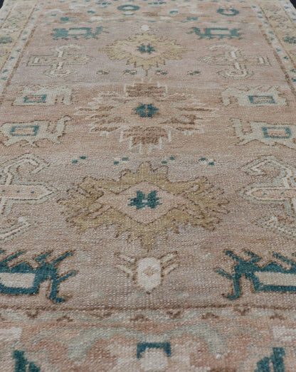 Turkish Oushak Vintage in variation of Muted Colors, tan, pink, teal & Lt. Brown vintage Turkish Oushak rug in taupe, tan, blush, light pink, teal, light brown and soft yellow. Keivan Woven Arts/rug EN - 2541, country of origin / type: Turkey / ... - Keivan Woven ArtsEN - 2541 - 14226Rug