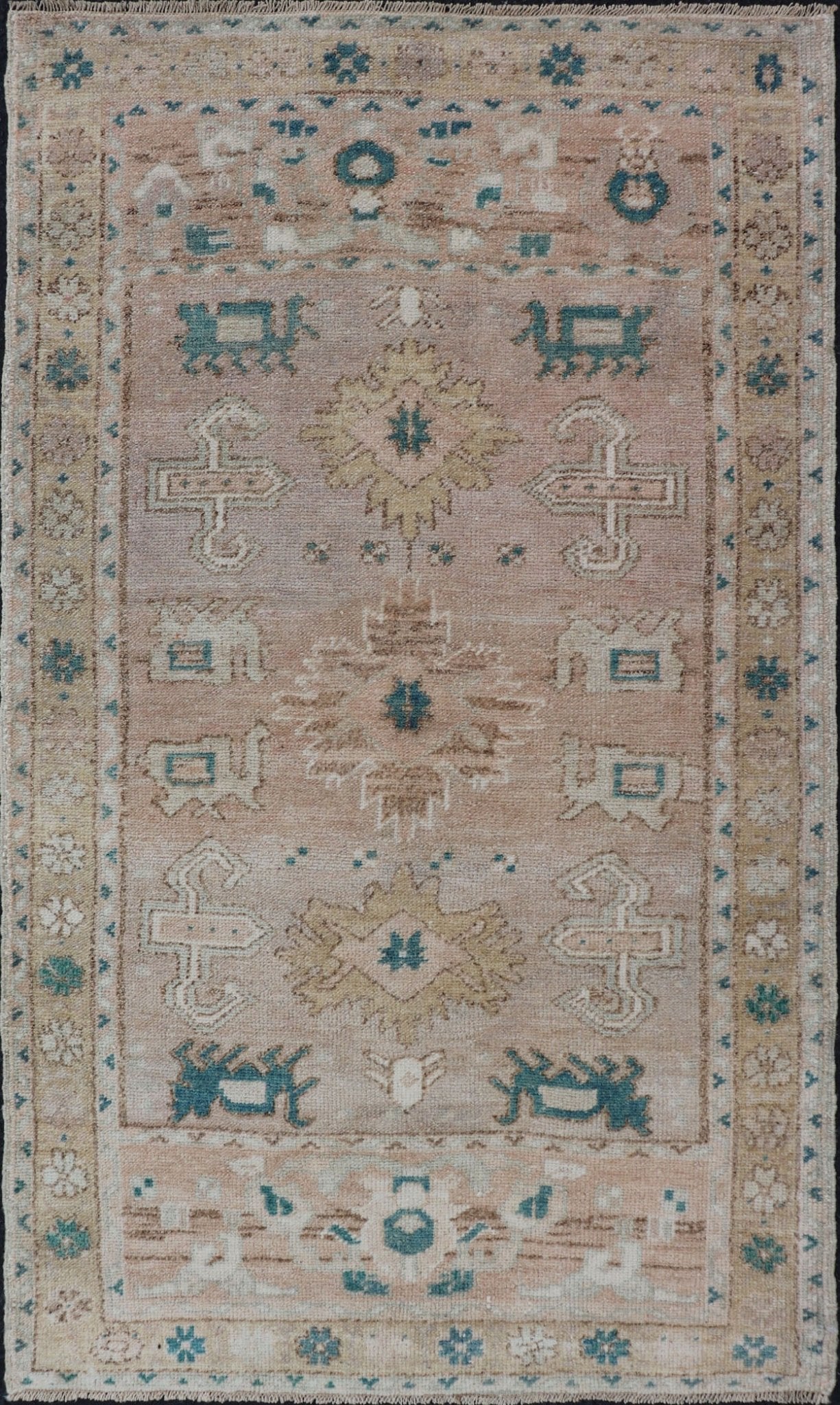 Turkish Oushak Vintage in variation of Muted Colors, tan, pink, teal & Lt. Brown vintage Turkish Oushak rug in taupe, tan, blush, light pink, teal, light brown and soft yellow. Keivan Woven Arts/rug EN - 2541, country of origin / type: Turkey / ... - Keivan Woven ArtsEN - 2541 - 14226Rug