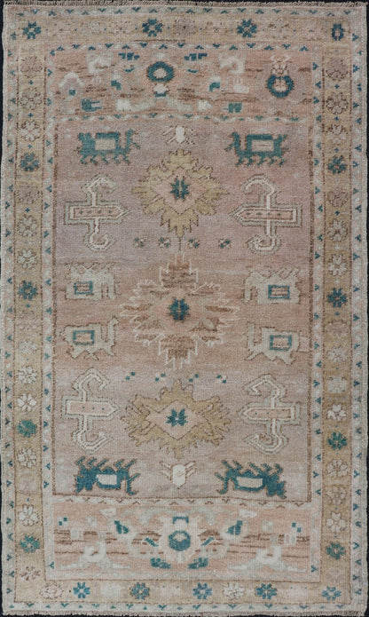 Turkish Oushak Vintage in variation of Muted Colors, tan, pink, teal & Lt. Brown vintage Turkish Oushak rug in taupe, tan, blush, light pink, teal, light brown and soft yellow. Keivan Woven Arts/rug EN - 2541, country of origin / type: Turkey / ... - Keivan Woven ArtsEN - 2541 - 14226Rug