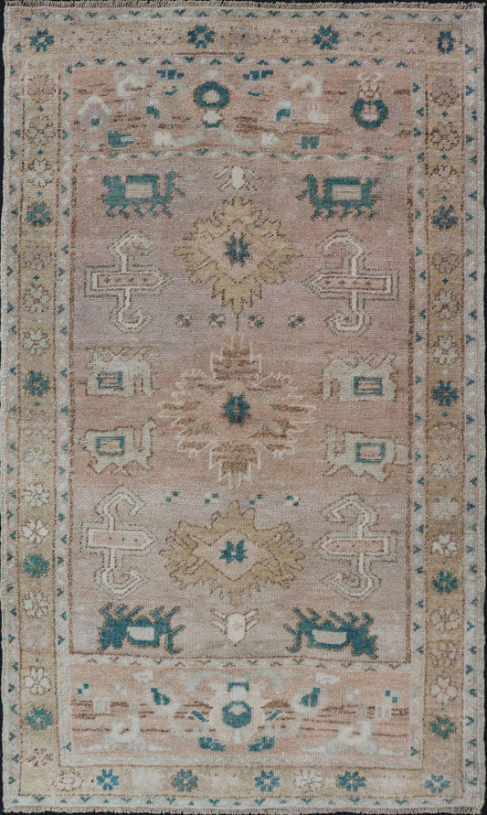 Turkish Oushak Vintage in variation of Muted Colors, tan, pink, teal & Lt. Brown vintage Turkish Oushak rug in taupe, tan, blush, light pink, teal, light brown and soft yellow. Keivan Woven Arts/rug EN - 2541, country of origin / type: Turkey / ... - Keivan Woven ArtsEN - 2541 - 14226Rug
