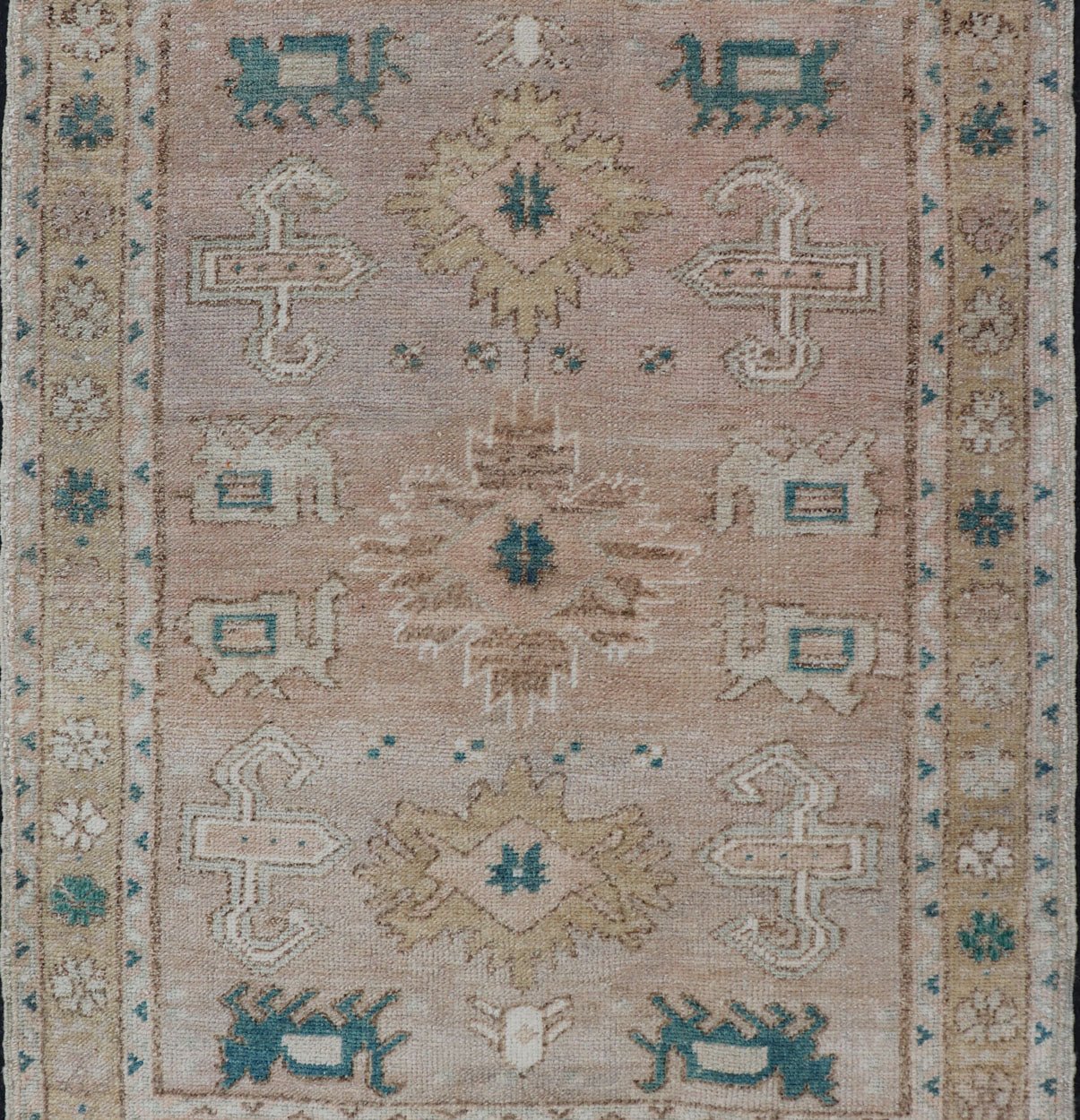 Turkish Oushak Vintage in variation of Muted Colors, tan, pink, teal & Lt. Brown vintage Turkish Oushak rug in taupe, tan, blush, light pink, teal, light brown and soft yellow. Keivan Woven Arts/rug EN - 2541, country of origin / type: Turkey / ... - Keivan Woven ArtsEN - 2541 - 14226Rug