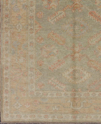 Turkish New Oushak Rug with Green, Neutral Colors and All - Over Flower Design kwarugs New Turkish Oushak rug with green and neutral color palette and all - over flower design, rug en - 302, country of origin / type: Turkey / Oushak This tradit... - Keivan Woven ArtsEN - 302 - 4378Rug